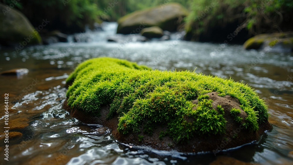 Tranquil stream with moss covered rock