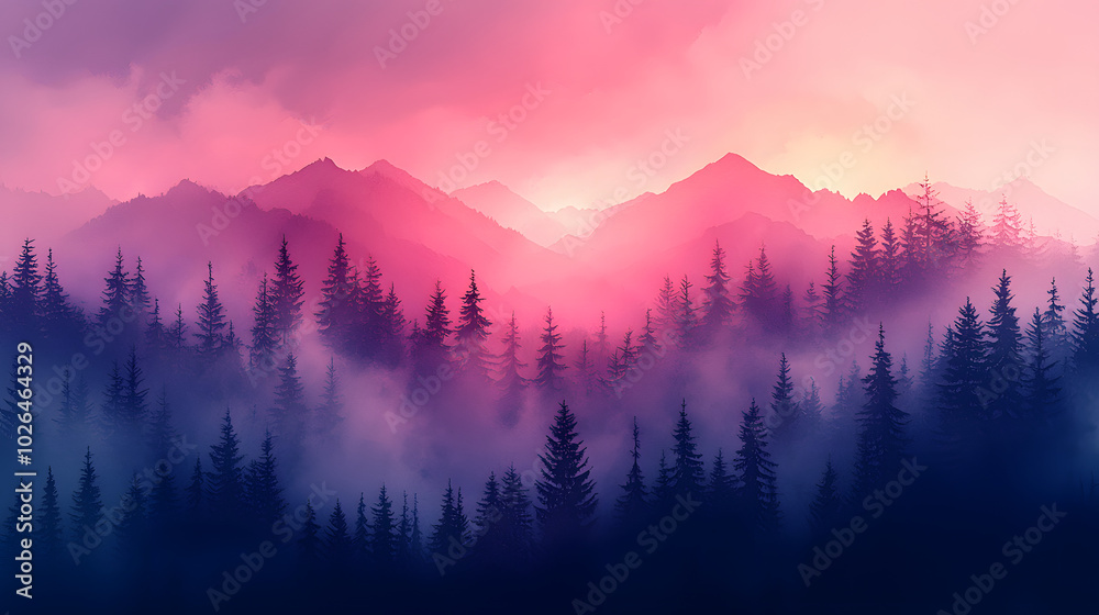 Obraz premium Gentle Watercolor Sunset Over Misty Forest
