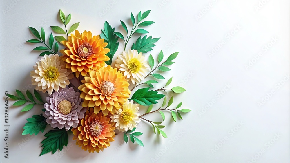 Paper craft bouquet of chrysanthemum flowers and leaves