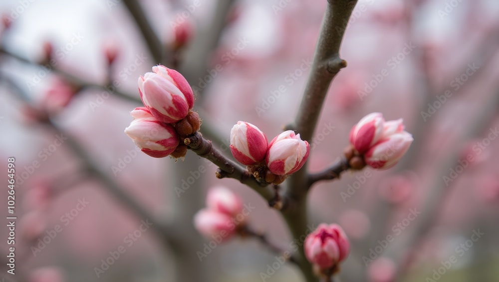 Fresh cherry blossom buds ready to bloom on tree branches in spring Fresh cherry blossom buds ready to bloom on tree branches in spring