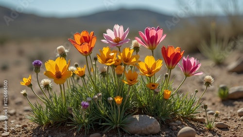 Vibrant wildflowers bloom in barren landscape adding color and life