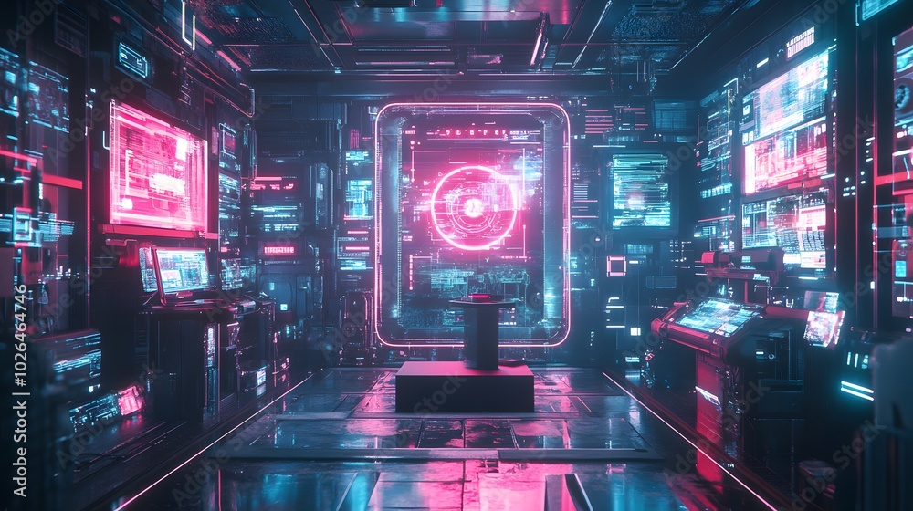 4. A visually striking 3D image of a sci-fi product showcase on a podium surrounded by holographic projections and digital screens, set in a neon-lit cyberpunk world 4. A visually striking 3D image of a sci-fi product showcase on a podium surrounded by holographic projections and digital screens, set in a neon-lit cyberpunk world