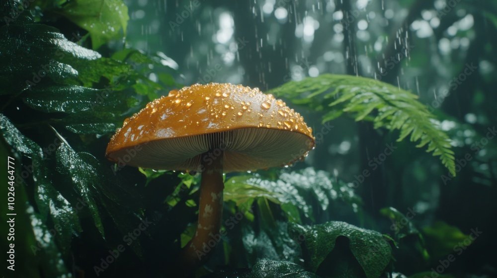 Fototapeta premium Vibrant Mushroom in Rainy Forest Setting