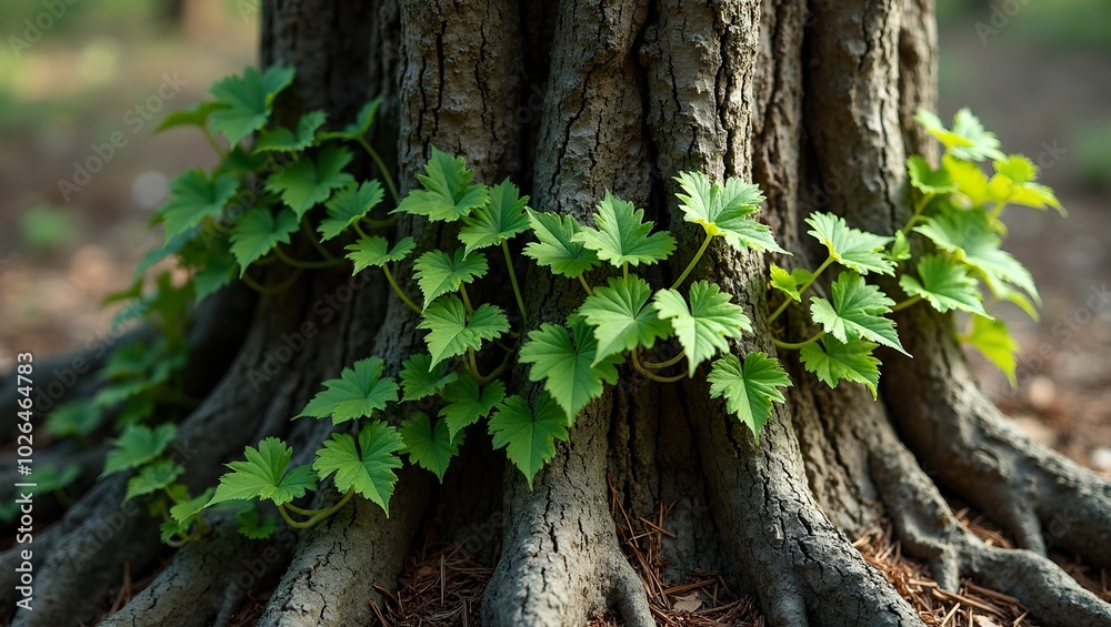 Vibrant young vines entwined around ancient tree trunk Vibrant young vines entwined around ancient tree trunk