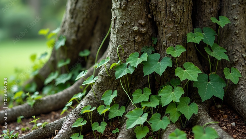 Fototapeta premium Vibrant young vines entwined around ancient tree trunk