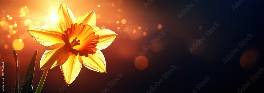A vibrant yellow daffodil illuminated by sunlight against a dark background. A vibrant yellow daffodil illuminated by sunlight against a dark background.