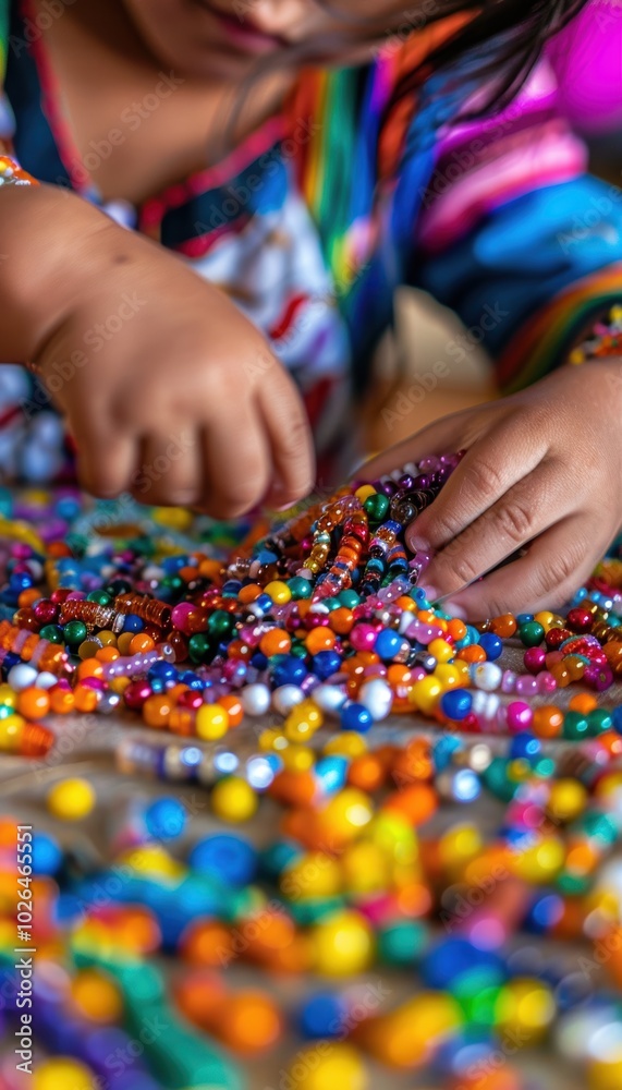 Native American Child Creating Beadwork at Craft Station for Native Americans Day Celebration Native American Child Creating Beadwork at Craft Station for Native Americans Day Celebration