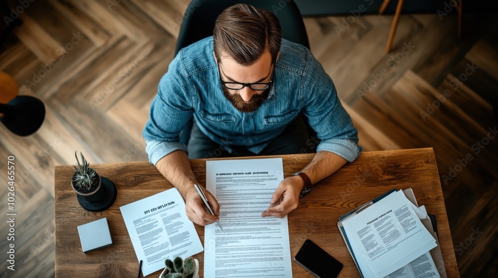 Naklejka premium Man in casual denim shirt writing on documents at wooden desk with plants and smartphone, viewed from above in office setting