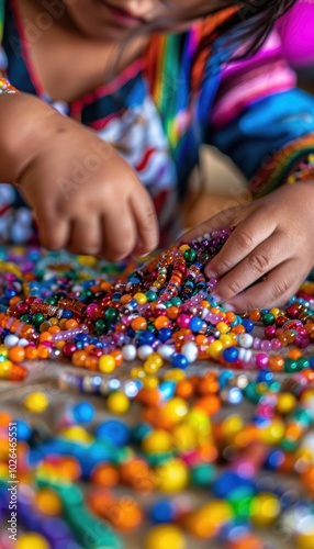 Native American Child Creating Beadwork at Craft Station for Native Americans Day Celebration