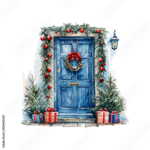 christmas decoration door vector illustration in watercolor style