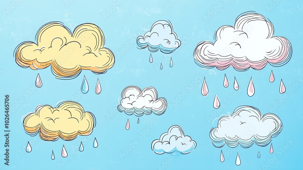 A Whimsical Representation of Clouds and Rain in a Blue Sky A Whimsical Representation of Clouds and Rain in a Blue Sky