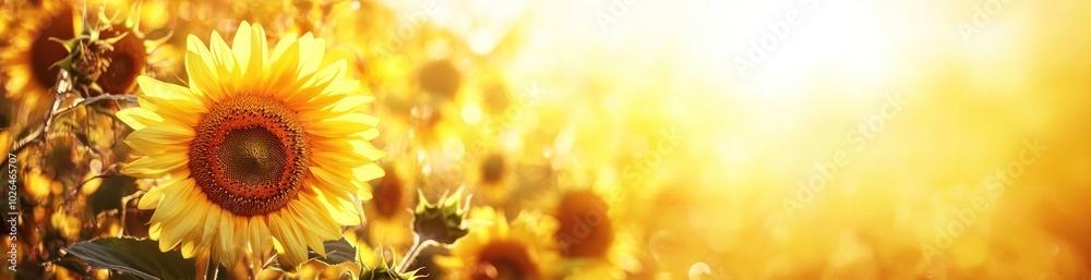 Fototapeta premium A vibrant sunflower in a golden field, illuminated by warm sunlight.
