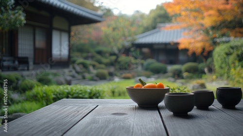 A serene garden scene with a wooden table, bowls of fruit, and a tranquil landscape.