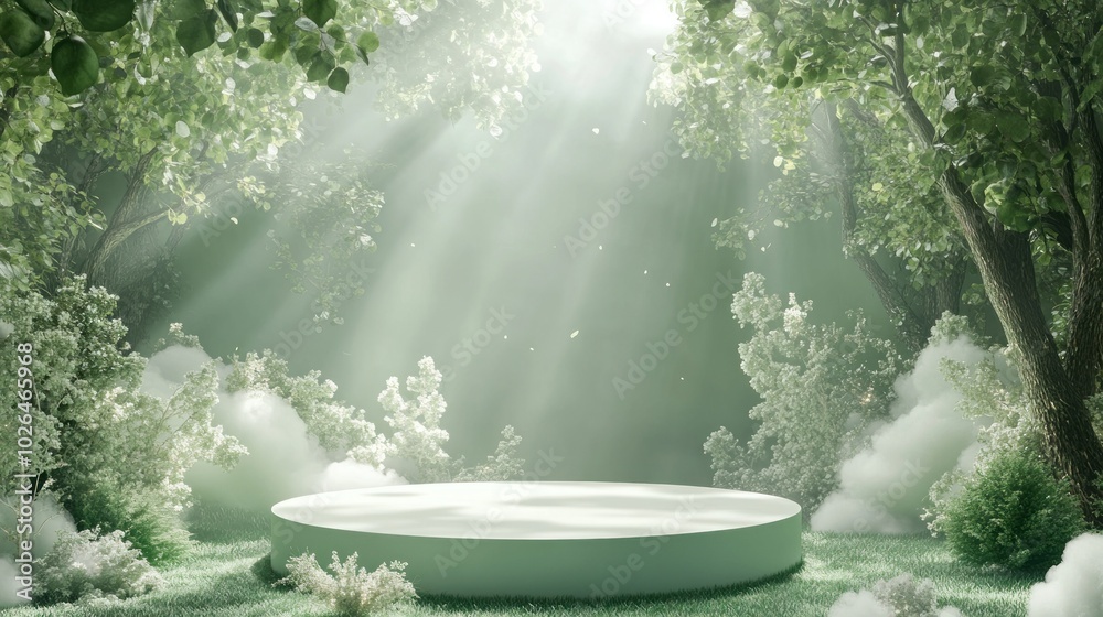 A serene forest scene with a circular platform illuminated by soft rays of light. A serene forest scene with a circular platform illuminated by soft rays of light.