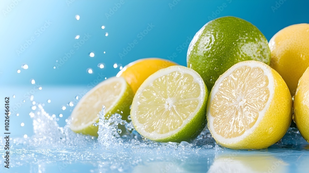 Vibrant Lemons and Limes in a Frozen Moment - Juicy Citrus Against a Neon Background with Vivid Textures and Contrasts Vibrant Lemons and Limes in a Frozen Moment - Juicy Citrus Against a Neon Background with Vivid Textures and Contrasts
