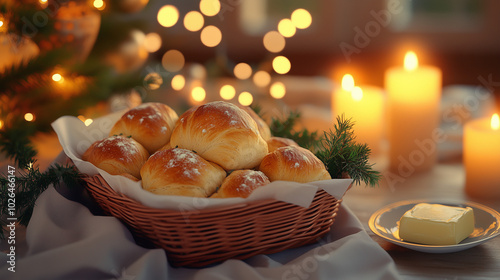 Warm bread rolls in basket with festive candlelight background photo