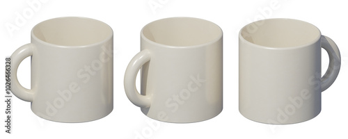 White ceramic mug without print in three angles. 3D render without background.