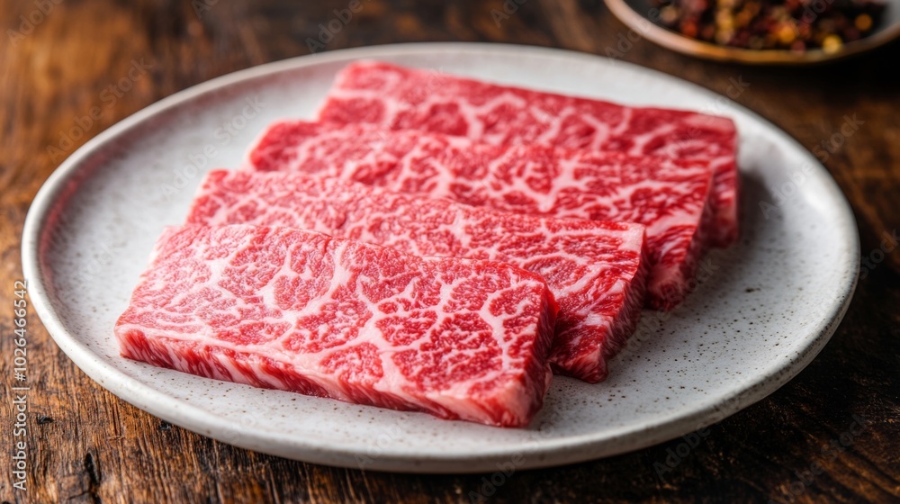 Fresh Marbled Beef Slices on Rustic Plate