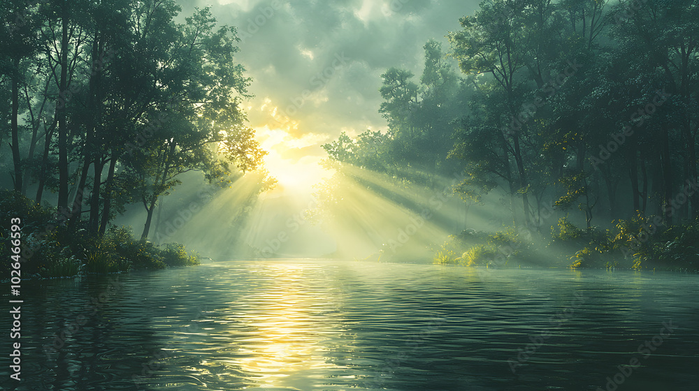 Serene River Flowing Through Tranquil Forest Landscape Serene River Flowing Through Tranquil Forest Landscape