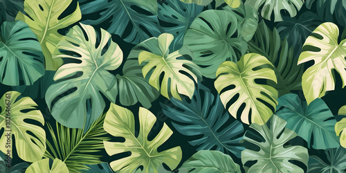 Wallpaper Mural Tropical Monstera Leaves Pattern: Lush, vibrant illustration of overlapping Monstera deliciosa leaves in various shades of green, creating a seamless, repeating pattern perfect for textile design. Torontodigital.ca