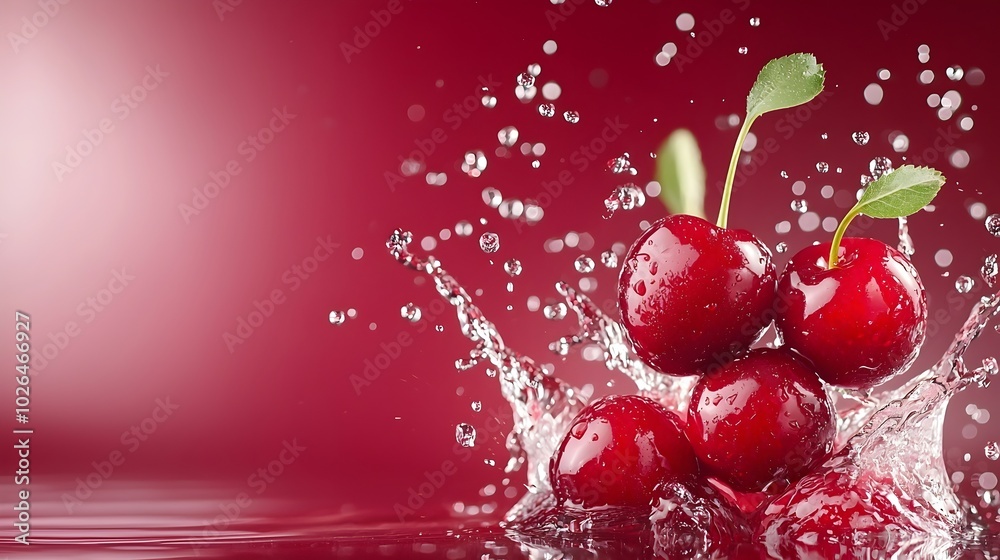 Elegant Cherries Splashing in Water - Captivating Dark Red Reflection and Bold Composition for Stunning Visual Appeal