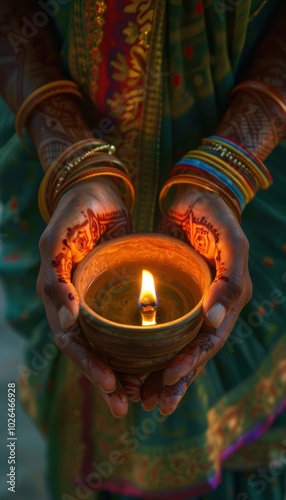 Bandi Chhor Divas Celebration: Traditional Sikh Woman Lighting Diya with Henna and Colorful Bangles photo