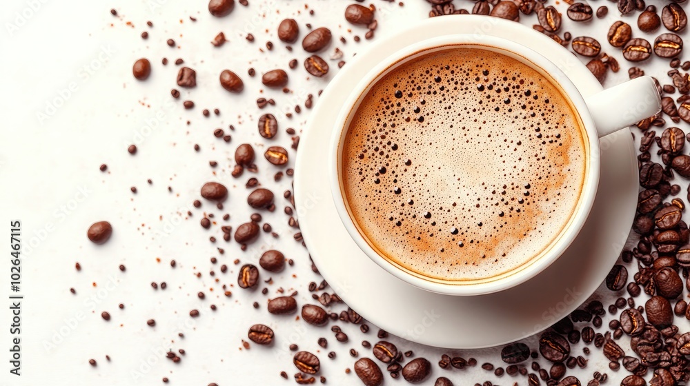 Fototapeta premium Scattered Coffee Beans Around a Coffee Cup