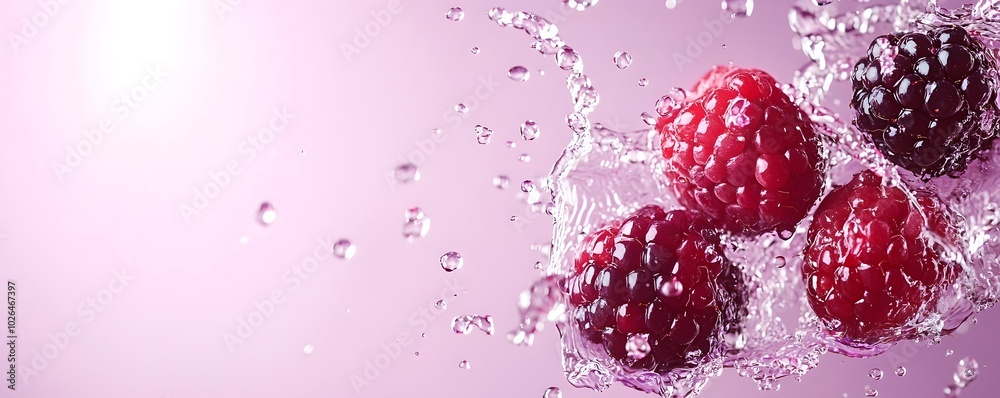 Vibrant Splash of Juicy Blackberries - Fresh Berries in Water with Rich Purple Background for Stunning Culinary and Beverage Imagery Vibrant Splash of Juicy Blackberries - Fresh Berries in Water with Rich Purple Background for Stunning Culinary and Beverage Imagery