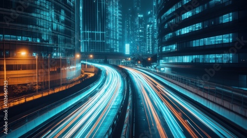 A dynamic cityscape showcasing illuminated traffic trails amidst modern skyscrapers at night.