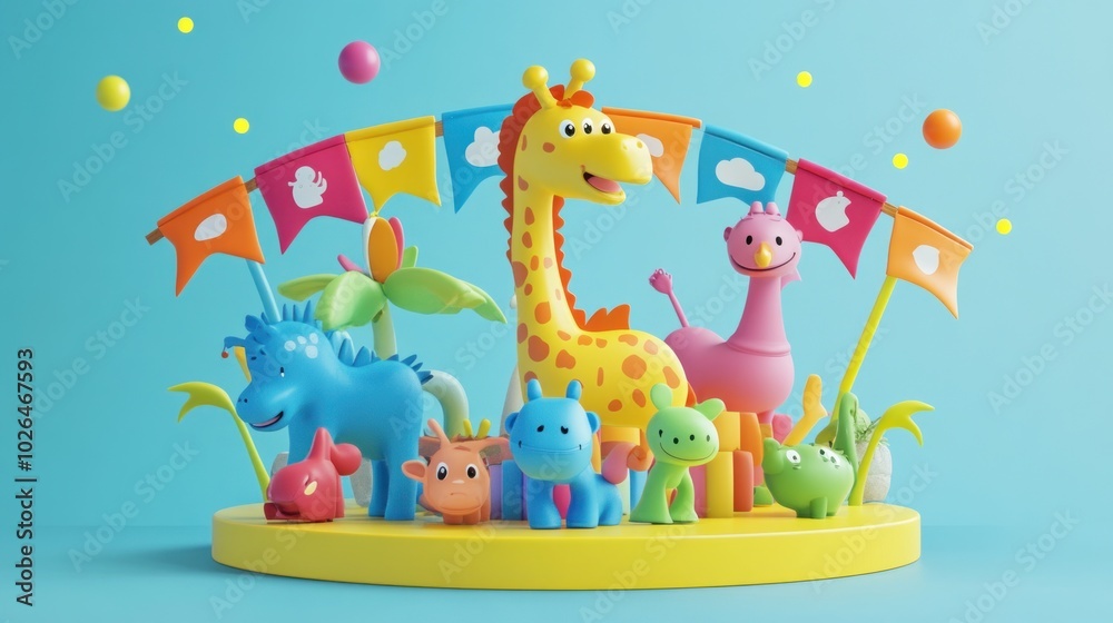 A colorful display of cute animal figurines in a playful setting. A colorful display of cute animal figurines in a playful setting.