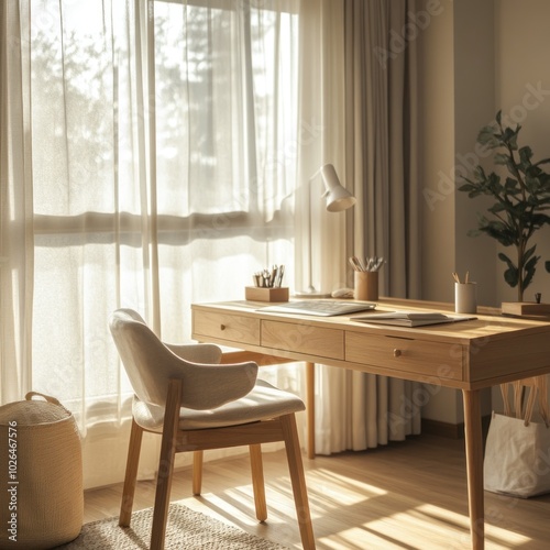 A cozy workspace with a wooden desk, chair, and natural light filtering through sheer curtains.