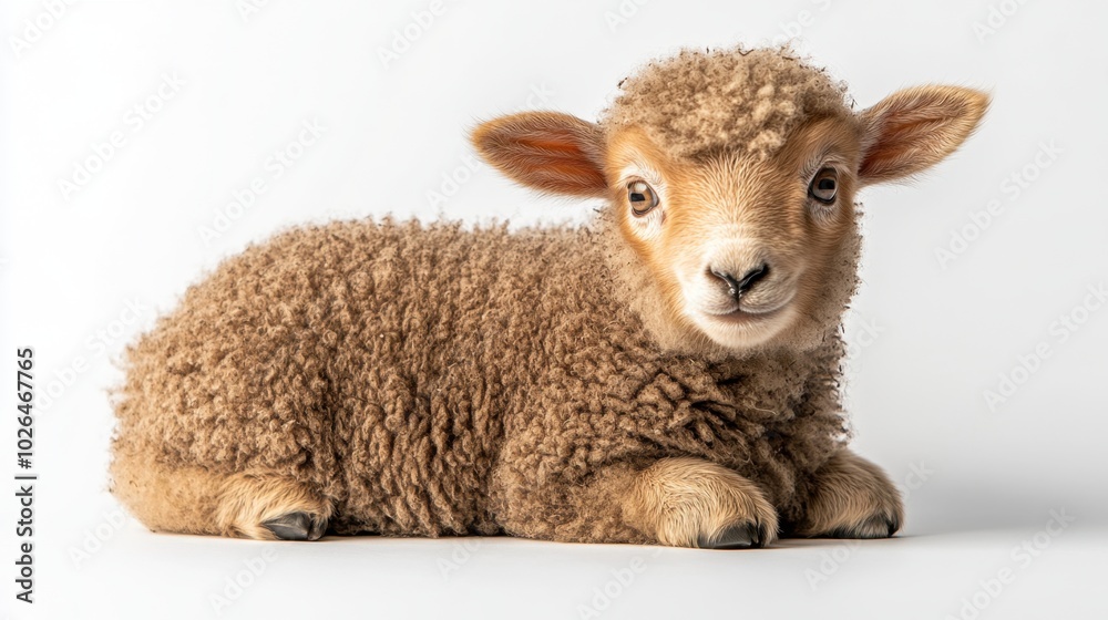 Light brown baby sheep isolated on a white background in a studio setting, showing off its soft wool and innocent expression. Light brown baby sheep isolated on a white background in a studio setting, showing off its soft wool and innocent expression.