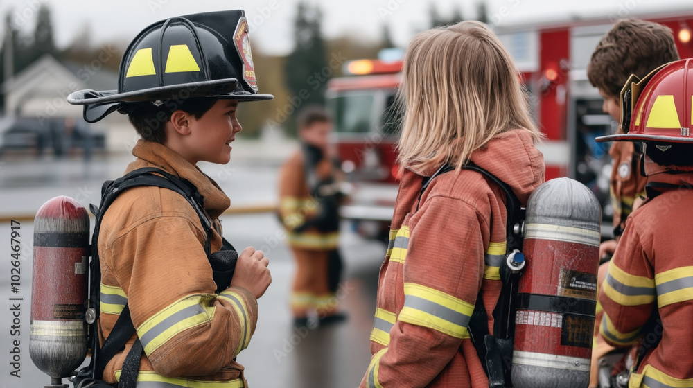 Children dressed in firefighter gear engage in conversation during a safety training session, with a fire truck in the background on a rainy day.