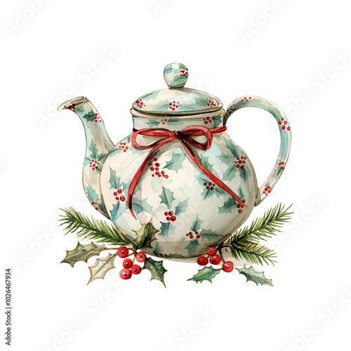 christmas decoration teapot vector illustration in watercolor style