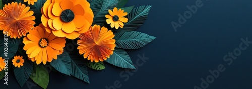 A vibrant floral arrangement featuring orange flowers and green leaves on a dark background.
