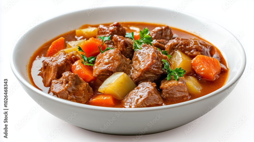 Classic beef stew with potatoes and carrots in white bowl Classic beef stew with potatoes and carrots in white bowl