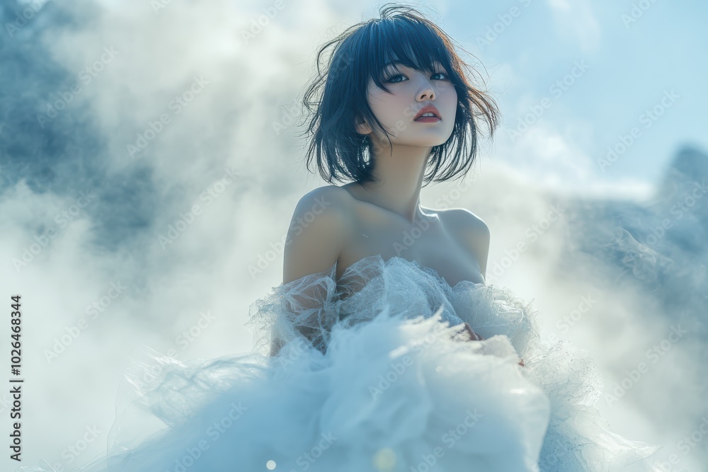 Elegant woman in flowing dress amidst misty landscape, evoking ethereal beauty and dreamlike ambiance under soft, diffused light. Elegant woman in flowing dress amidst misty landscape, evoking ethereal beauty and dreamlike ambiance under soft, diffused light.
