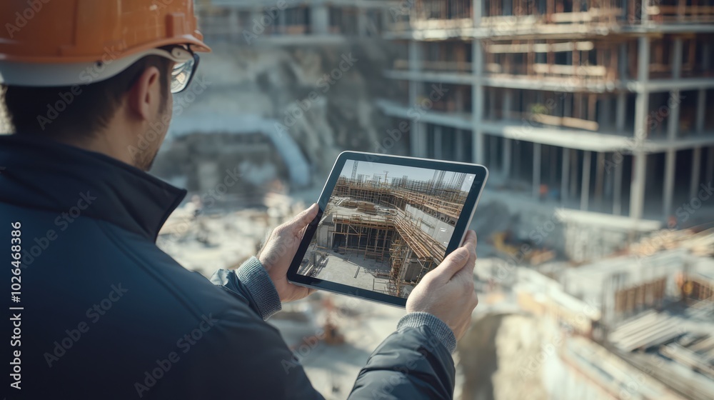 Engineer using digital tablet for building inspection at construction site. Modern technology in civil engineering and project management. Engineer using digital tablet for building inspection at construction site. Modern technology in civil engineering and project management.
