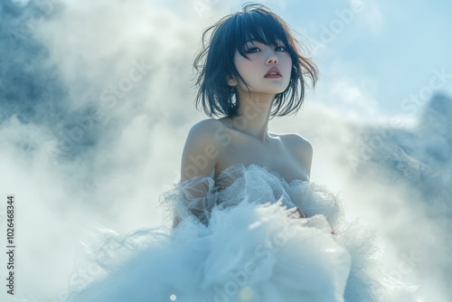 Elegant woman in flowing dress amidst misty landscape, evoking ethereal beauty and dreamlike ambiance under soft, diffused light.