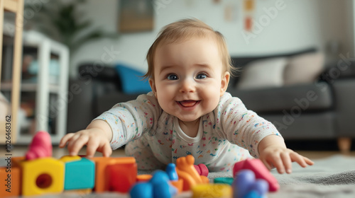 Smiling baby playing with colorful toys on a carpeted floor in a cozy living room setting.
