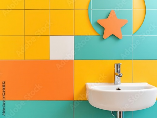 Playful kids bathroom with a starthemed sink, colorful lighting, and bright tiles, kids room, space theme