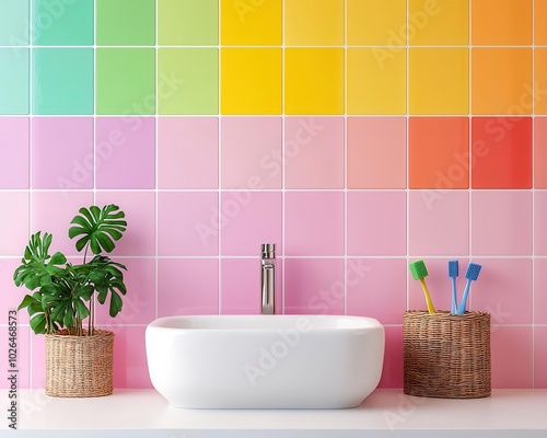 Fun kids bathroom with rainbowcolored wall tiles, a small white sink, and childfriendly storage baskets, bright design, functional bathroom photo