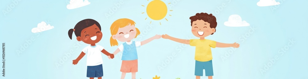 Three children joyfully holding hands under the sun in a bright, cheerful setting. Three children joyfully holding hands under the sun in a bright, cheerful setting.
