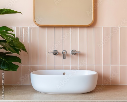 Minimalist kids bathroom with neutral tones, a small sink, and playful pops of color, functional design, modern bathroom