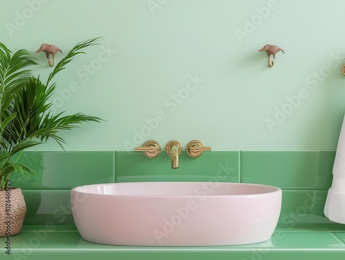 Junglethemed kids bathroom with animalshaped hooks, a low sink, and bright green tiles, themed design, kids bathroom decor