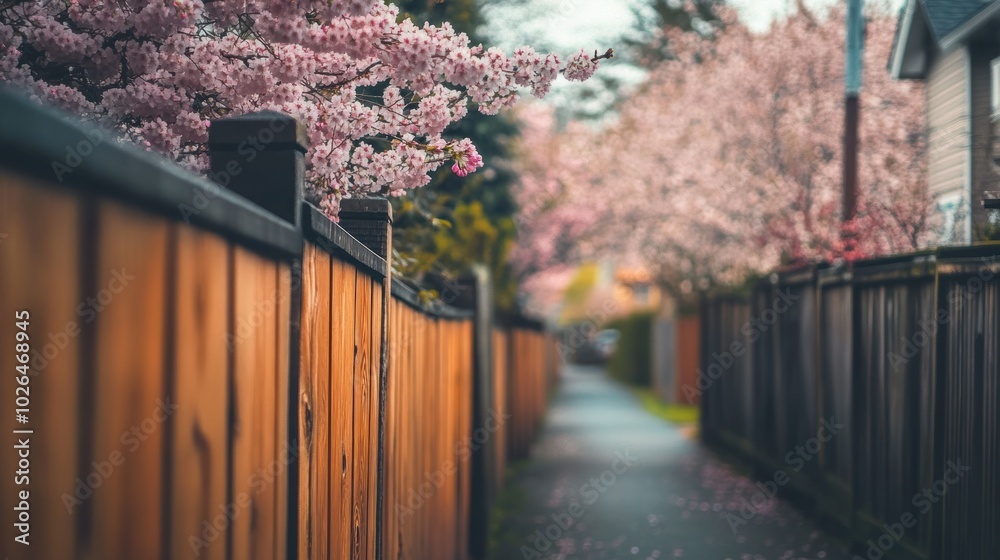 A serene pathway lined with blossoming trees and wooden fences, inviting a peaceful stroll. A serene pathway lined with blossoming trees and wooden fences, inviting a peaceful stroll.