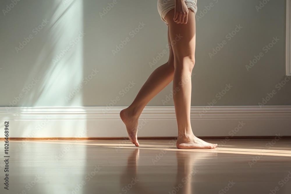Fototapeta premium A woman walks alone on a hardwood floor, possibly in a home or office setting