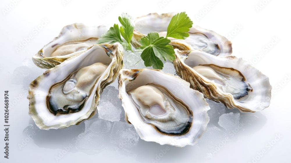 Fresh Oysters on Ice with Green Garnish Fresh Oysters on Ice with Green Garnish