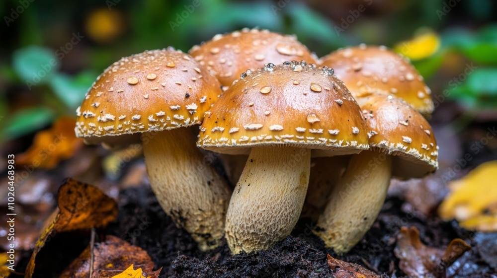 Mushrooms Growing in Forest Soil with Leaves Mushrooms Growing in Forest Soil with Leaves