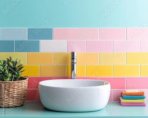 Fun kids bathroom with rainbowcolored wall tiles, a small white sink, and childfriendly storage baskets, bright design, functional bathroom